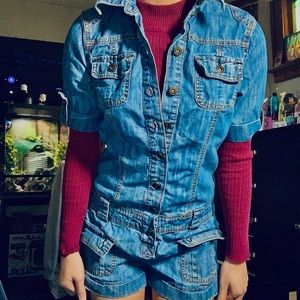 Burgundy Turtleneck & Denim Overalls